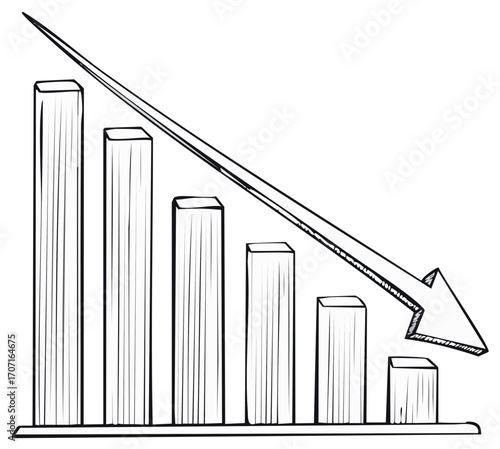 Hand drawn decreasing bar chart with downward trend arrow illustrating business decline