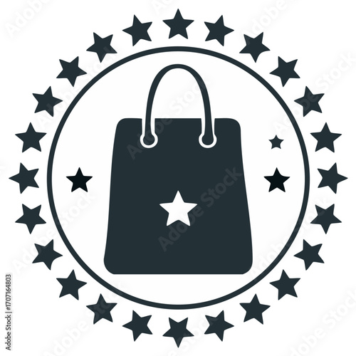 Premium shopping bag icon surrounded by stars emblem symbolizing best quality retail service and excellent customer experience