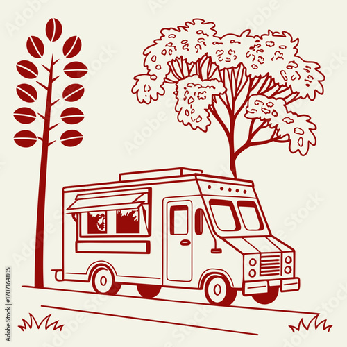 Illustration of a vintage coffee truck, parked beside a stylized coffee bean tree and a leafy tree, evoking a sense of rustic charm and inviting outdoor refreshment