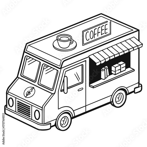 Vector art of monochrome illustration of a coffee truck, featuring a cup on the roof and a serving window, perfect for representing a mobile coffee business in a simple and clean style