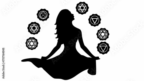 Silhouette of a woman meditating surrounded by chakra symbols in a circular arrangement on a white background