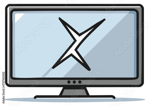 Digital computer monitor screen with a prominent X symbol indicating an error system failure or invalid action