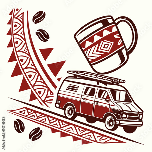 Vector art of a vintage van with a surfboard on top and a coffee mug, adorned with tribal patterns, creates a unique blend of adventure and comfort, a perfect blend of wanderlust and caffeine