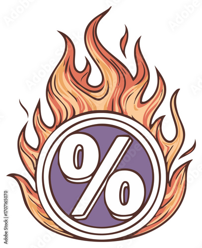 Hot Discount Percent Symbol in Flames, Special Offer Burning, Sale Sign