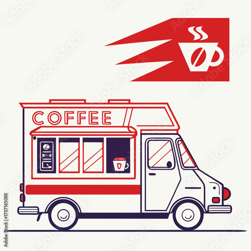 Vector art of charming coffee truck illustration, , featuring a delightful design with a coffee cup logo, perfect for branding and promotional materials for your coffee business