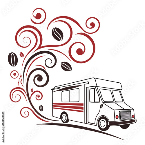 Illustration of a coffee truck, adorned with coffee bean swirls, perfect for cafe branding, food truck designs, or coffeethemed marketing materials