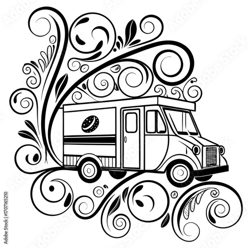 Illustration of a donut food truck decorated with floral ornaments a delightful fusion of culinary charm and artistic elegance, perfect for branding and design projects
