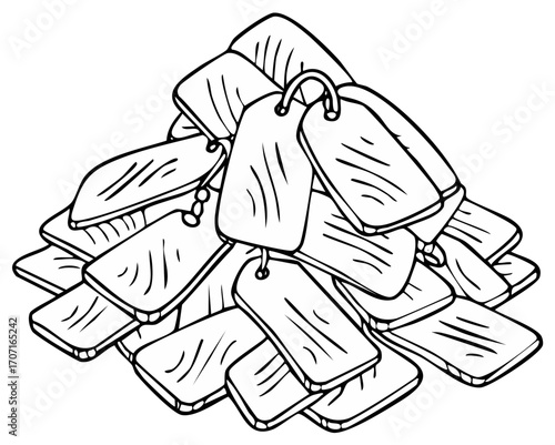 A pile of military dog tags in a black and white line art illustration