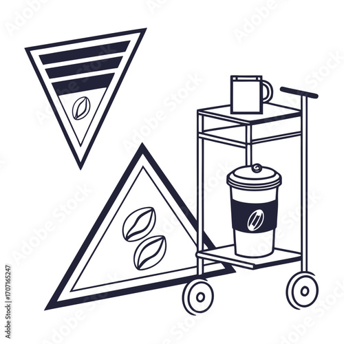 Illustration of coffee service cart and coffee bean triangles a minimalist design for coffeerelated branding and promotional materials