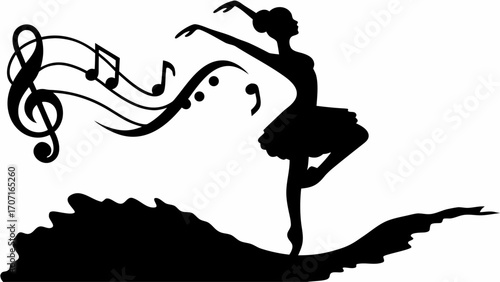 Silhouette of ballerina dancing with musical notes and treble clef in monochrome design style art