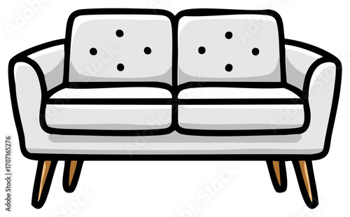 Stylish White Upholstered Sofa with Mid Century Style Legs Cartoon Illustration