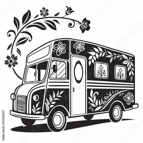 Vector art of a vintage food truck illustration with intricate floral and leaf designs, creating a unique and eyecatching image, the black and white adds a classic touch