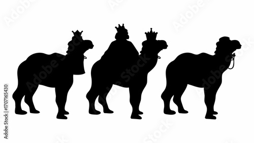 Three wise men silhouettes riding camels with crowns on their heads in black and white illustration
