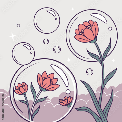 Vector art of whimsical illustration featuring delicate pink tulips encased in transparent bubbles, floating gently above soft, pastel clouds, creating a dreamy and ethereal atmosphere