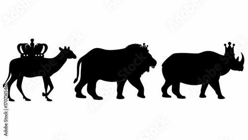 Silhouette of a deer with crown, lion with crown, and rhino with crown walking in a single file line