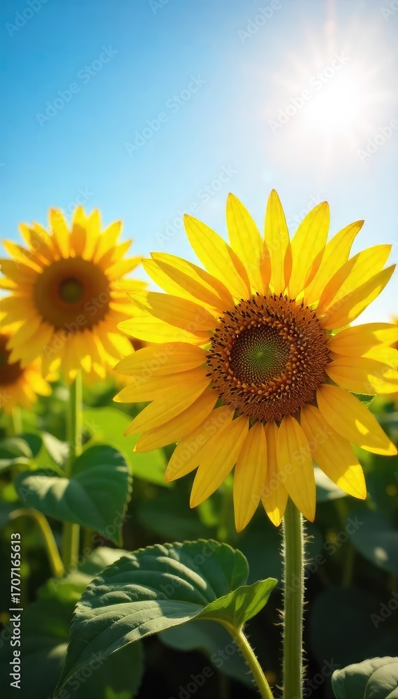 Fototapeta premium Vibrant sunflowers bask in the golden sunlight of a perfect summer day, their petals reaching towards the clear blue sky A picturesque scene of abundant agricultural bounty , vibrant, rays, yellow