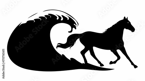 Silhouette of a horse running away from a large wave in black and white graphic illustration style art