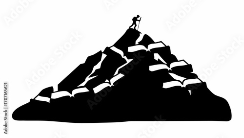 Silhouette illustration of a mountain with a climber on top reaching the summit with a hiking stick