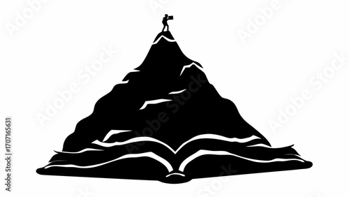 Silhouette of a person with a flag standing on a mountain rising from an open book in black and white