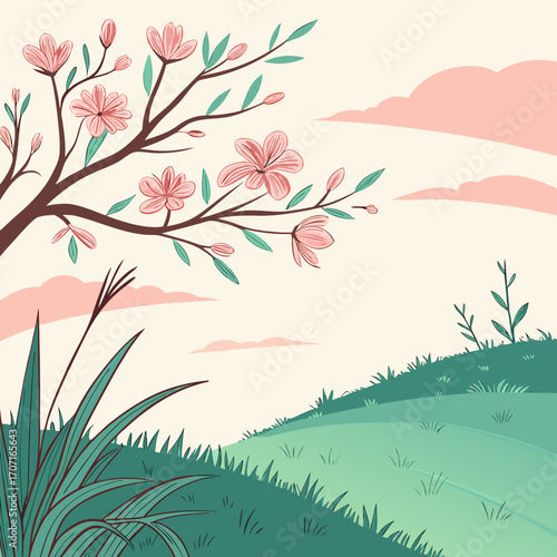Vector art of a serene spring landscape with a blossoming tree branch, pink flowers, and lush green grass hills under a soft pink sky, evoking a sense of peace and tranquility in nature