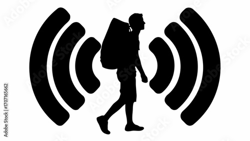 Silhouette of a person with a backpack walking between two wifi signals on a white background image
