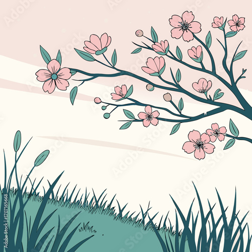 Vector art of a tranquil spring scene featuring a blossoming tree branch with pink flowers, set against a soft pink sky, and lush green grass in the foreground, creating a peaceful ambiance