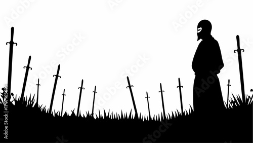 Silhouette of masked figure standing among swords in a field with grass and flowers in black and white style