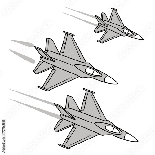 Vector art of three fighter jets in formation cut through the sky, leaving trails of speed and adventure, showcasing the power and precision of modern aviation