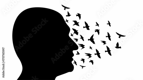Silhouette of a human head in black with birds flying out from the face against a white background space