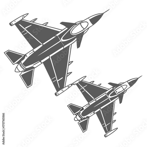 Vector art of two modern jet fighters in dynamic flight, showcasing advanced aerodynamics and powerful engines, a symbol of technological prowess and air superiority