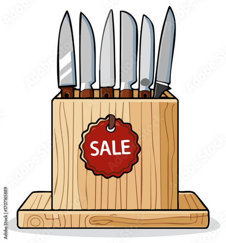Wooden kitchen knife block with sharp stainless steel knives and a red sale price tag.