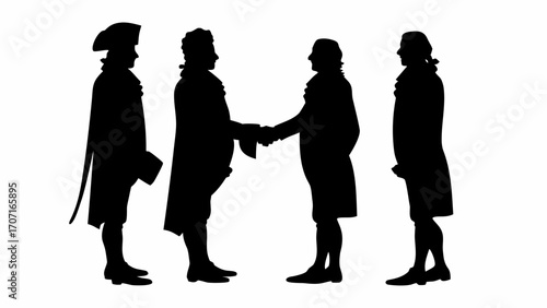Silhouette illustration of four men in historical attire shaking hands on a white background design style