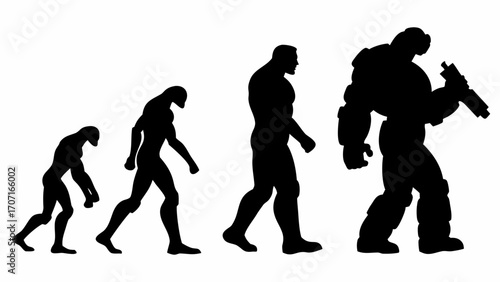 Silhouette depiction of human evolution progressing to a futuristic armored soldier figure in black