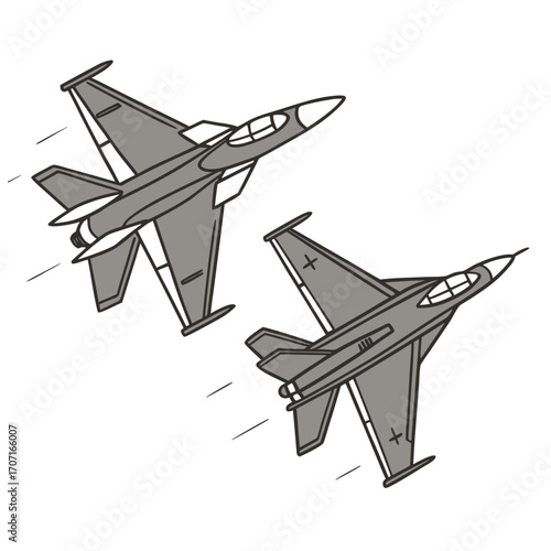 Vector art of two advanced multirole combat aircraft maneuver in the sky, these versatile jets represent modern air power and technological innovation in aerial warfare