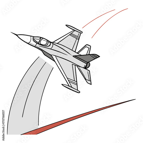 Vector art of an illustration of a fighter jet performing an air show maneuver, showcasing its agility and power, the aircraft is depicted in a dynamic pose against the sky