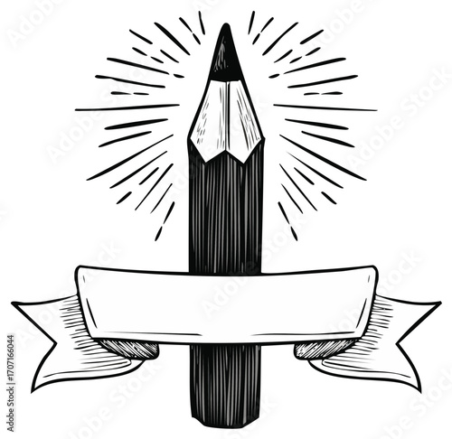 Detailed Pencil with Ribbon Banner and Radiating Sunburst Design Element Graphic