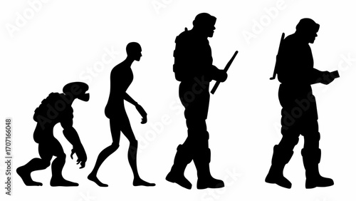 Evolutionary progression depicted in silhouettes from ape like to modern human with equipment in black