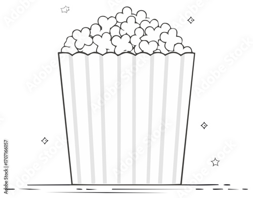 Monochrome line art drawing of a classic striped popcorn bucket filled with fluffy kernels, perfect for cinema and snack themes.