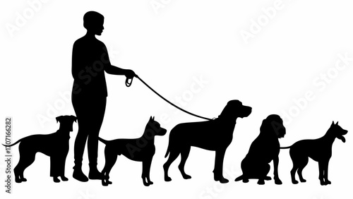 Silhouette of a person walking six dogs of different breeds on leashes against a white background