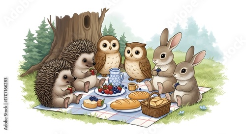 Cute woodland animals having picnic on blanket