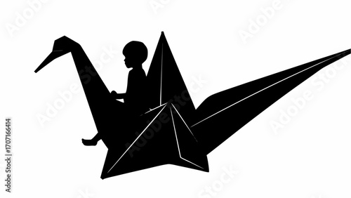 Silhouette of a child riding on a large origami crane with its wings spread against a white background scene