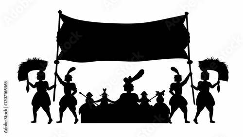 Silhouette of people marching with a banner and fans in a parade or procession against a white background