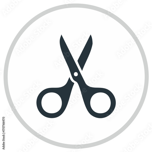 Stylized flat icon of open scissors with silver ring inside a grey circle