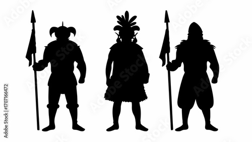 Silhouette illustration of three warriors with spears and distinctive headwear standing side by side neatly