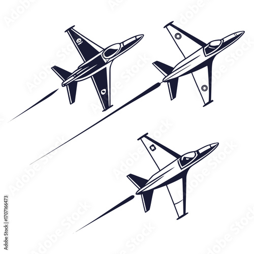 Vector art of three fighter jets soaring through the sky, leaving trails of smoke behind, a dynamic display of aviation prowess and technological advancement