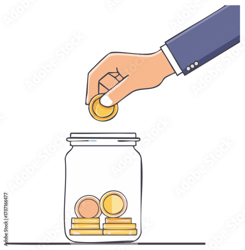 Businessman hand putting golden coin into transparent glass jar for money saving financial investment