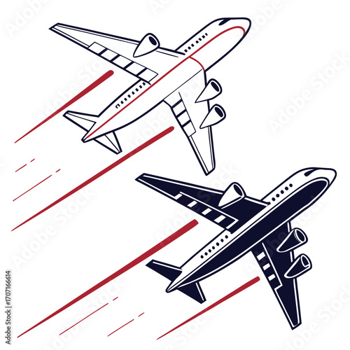 Vector art of two modern airplanes streak across the, leaving trails of motion, symbolizing the speed and excitement of air travel, connecting distant destinations