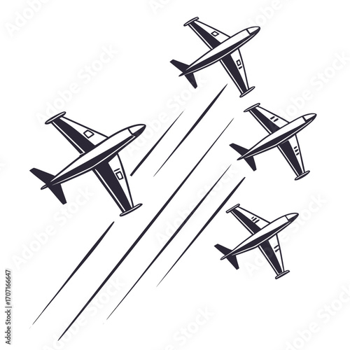 Vector art of a squadron of classic jet fighters cuts through the air, leaving trails of excitement and nostalgia, a tribute to the golden age of aviation