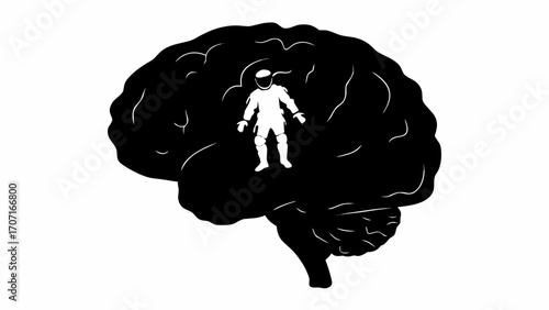 Astronaut standing inside a human brain silhouette in black and white simple illustration art design