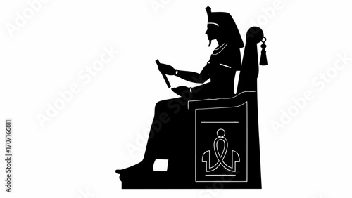 Silhouette of egyptian pharaoh sitting on throne holding scepter in black and white illustration design